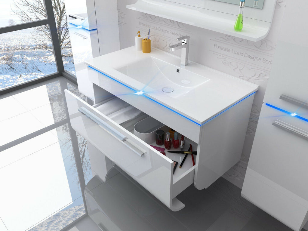 Badmöbel Set montiert Weiss Hochglanz Badezimmermöbel Touch LED  90 cm Bad Set