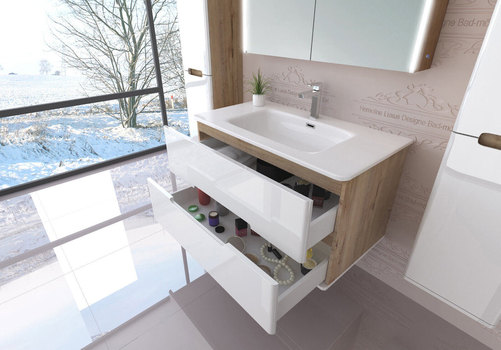 Badmöbel set mit waschbecken und spiegelschrank Hochglanz mit Keramik Becken Bad