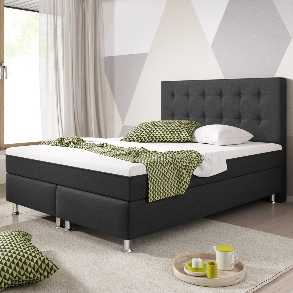 Boxspringbett  Bett 140x200 cm Webstoff Anthrazit mit Topper-Optik Einzelbett