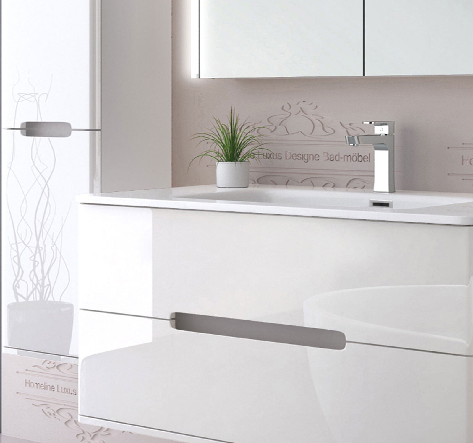 Badezimmermöbel set  Badmöbel  Hochglanz Spiegelschrank Keramik Weiß LED 90 cm
