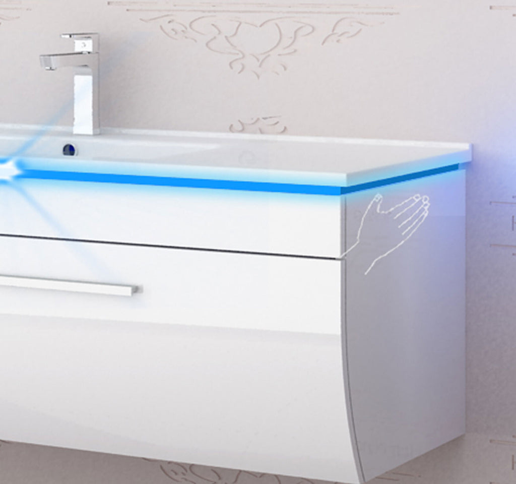 Badmöbel set hochglanz weiß Badmöbel Set montiert Touch Led System 120 cm  Bad