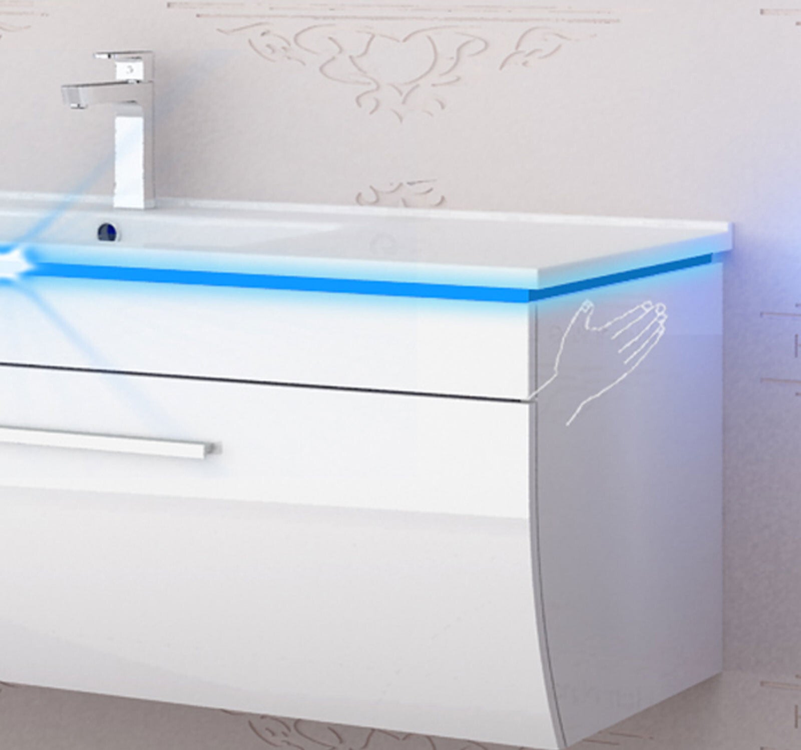 Badmöbel set hochglanz weiß Badmöbel Set montiert Touch Led System 120 cm  Bad
