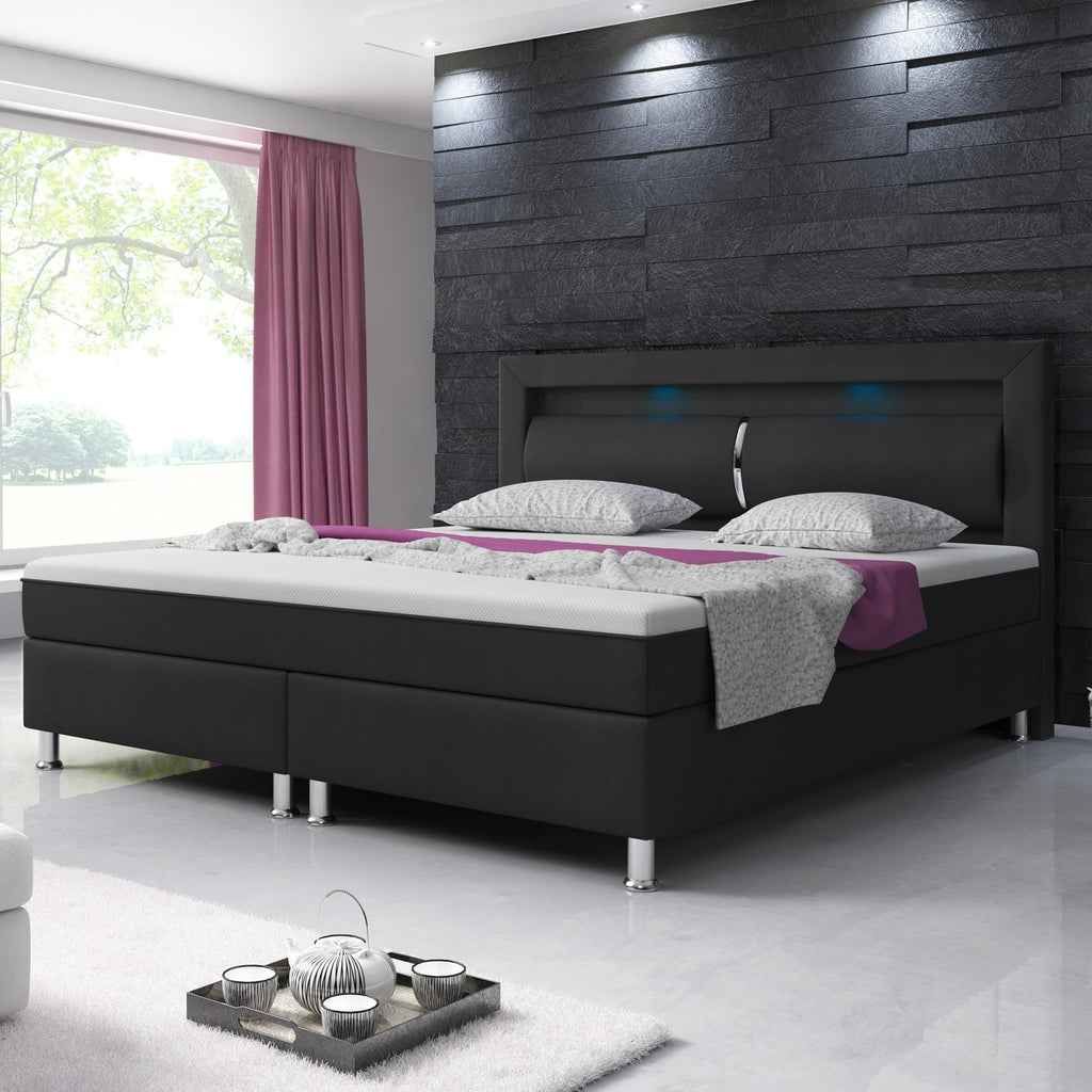 Boxspringbett Milano 180x200 cm Kunstleder Schwarz mit Topper-Optik