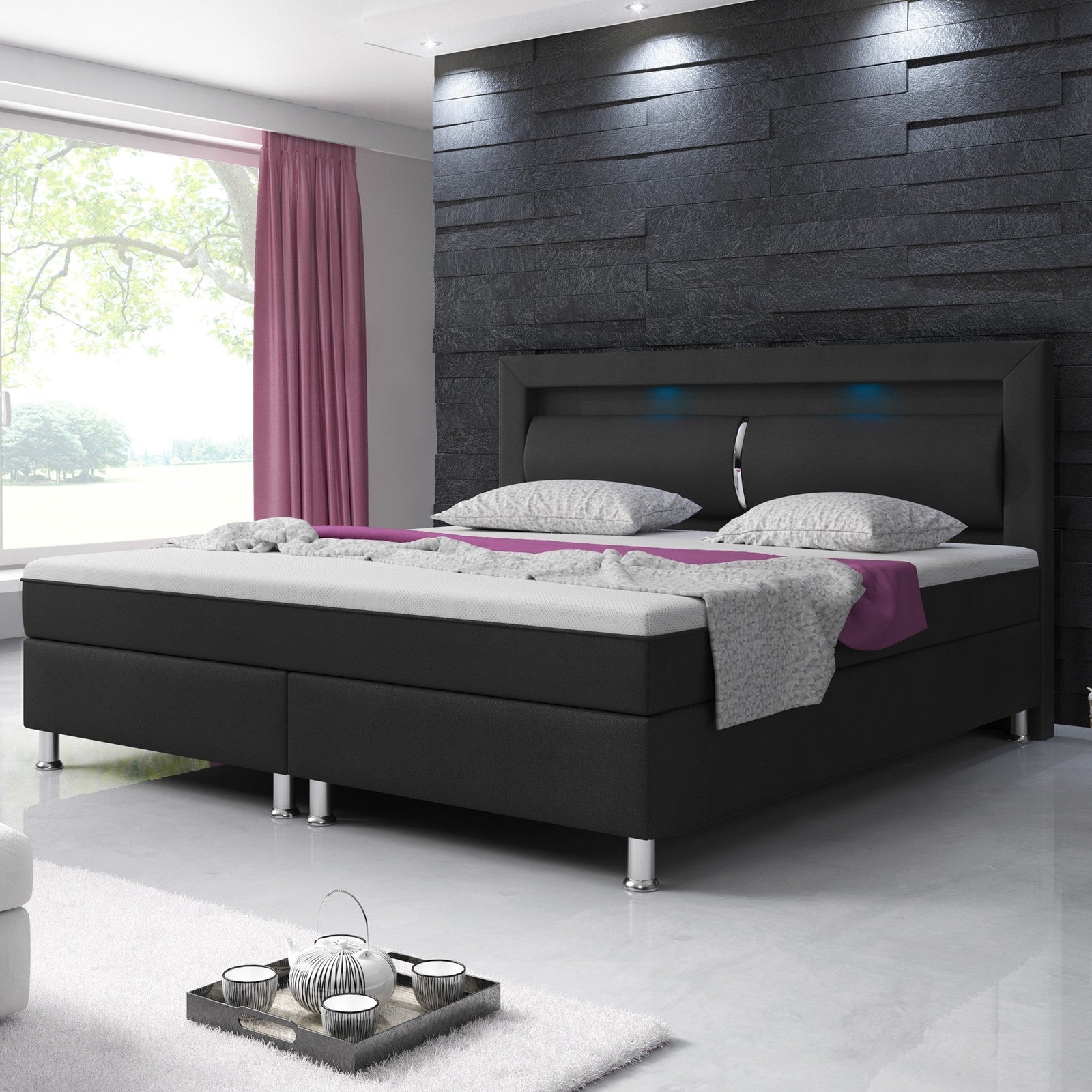 Boxspringbett Milano 180x200 cm Kunstleder Schwarz mit Topper-Optik