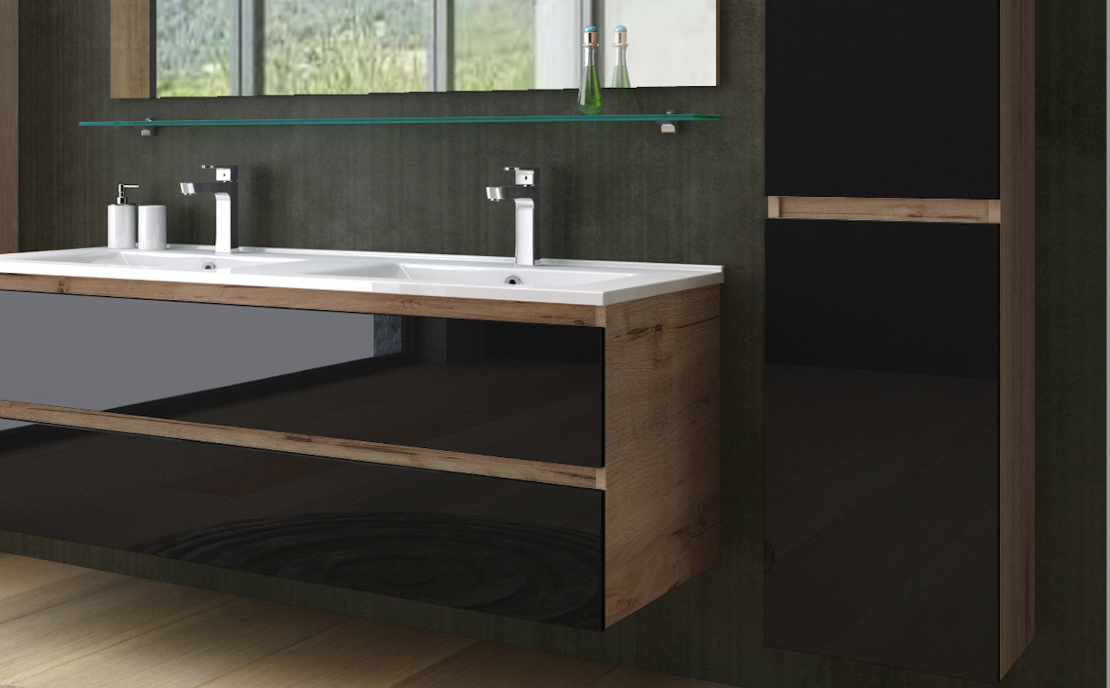 Doppelwaschtisch Schwarz  / Eiche Hochglanz  Doppel Waschbecken Badmöbel Set 120