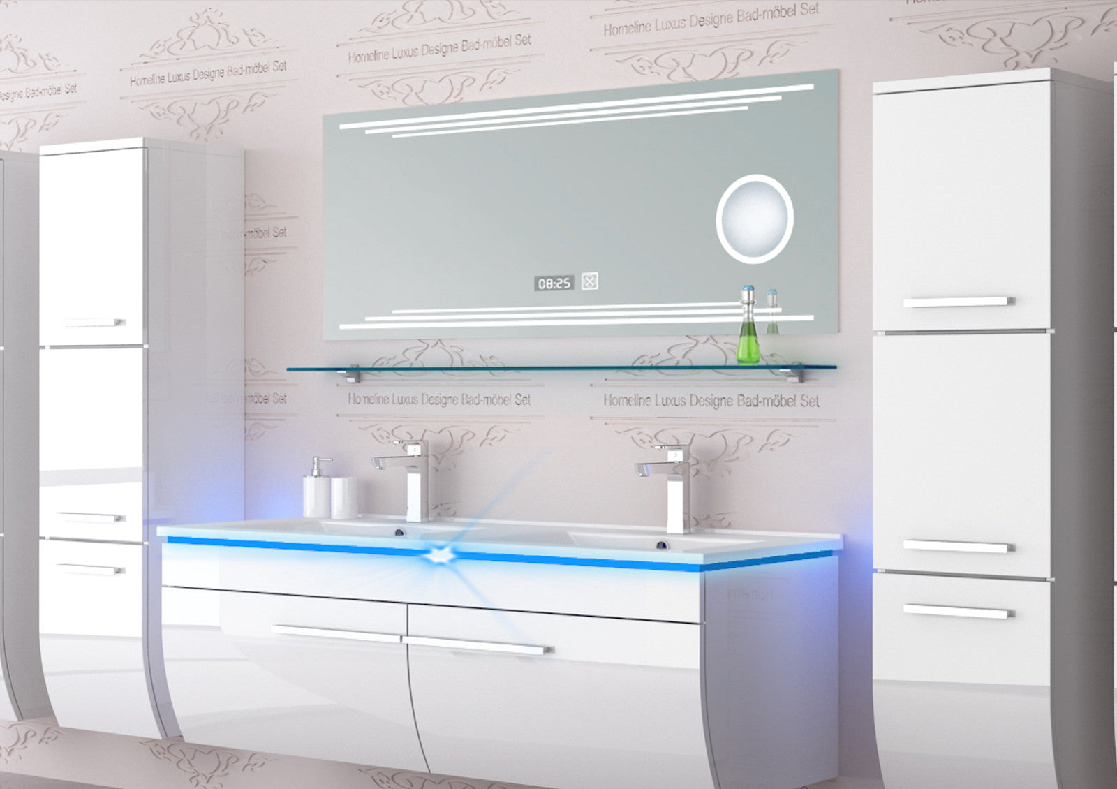 Doppelwaschtisch Doppelwaschbecken Waschbecken 240 cm Weiß LED  Badmöbel Set 120