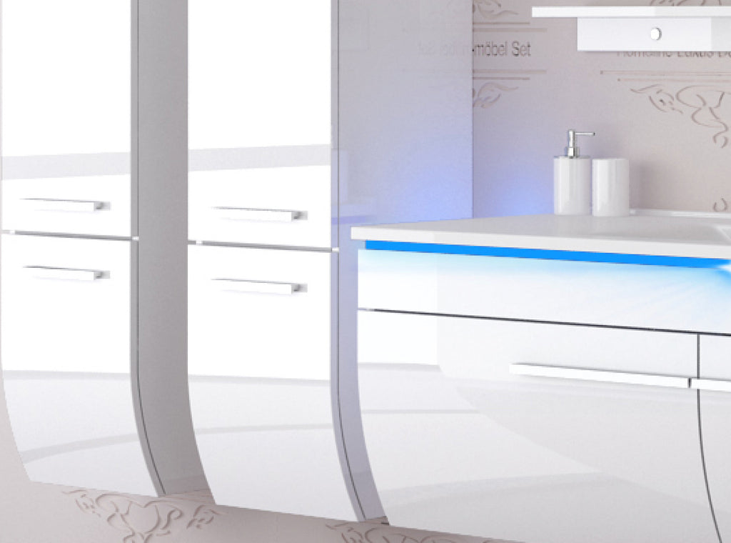 Badmöbel Set Weiss 240 cm Hochglanz Waschbecken Spiegel Komplett Bad Led System.