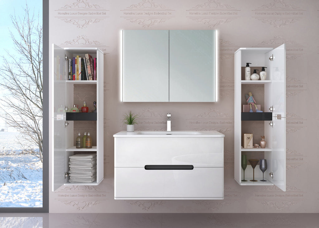 Badezimmermöbel set  Badmöbel  Hochglanz Spiegelschrank Keramik Weiß LED 90 cm