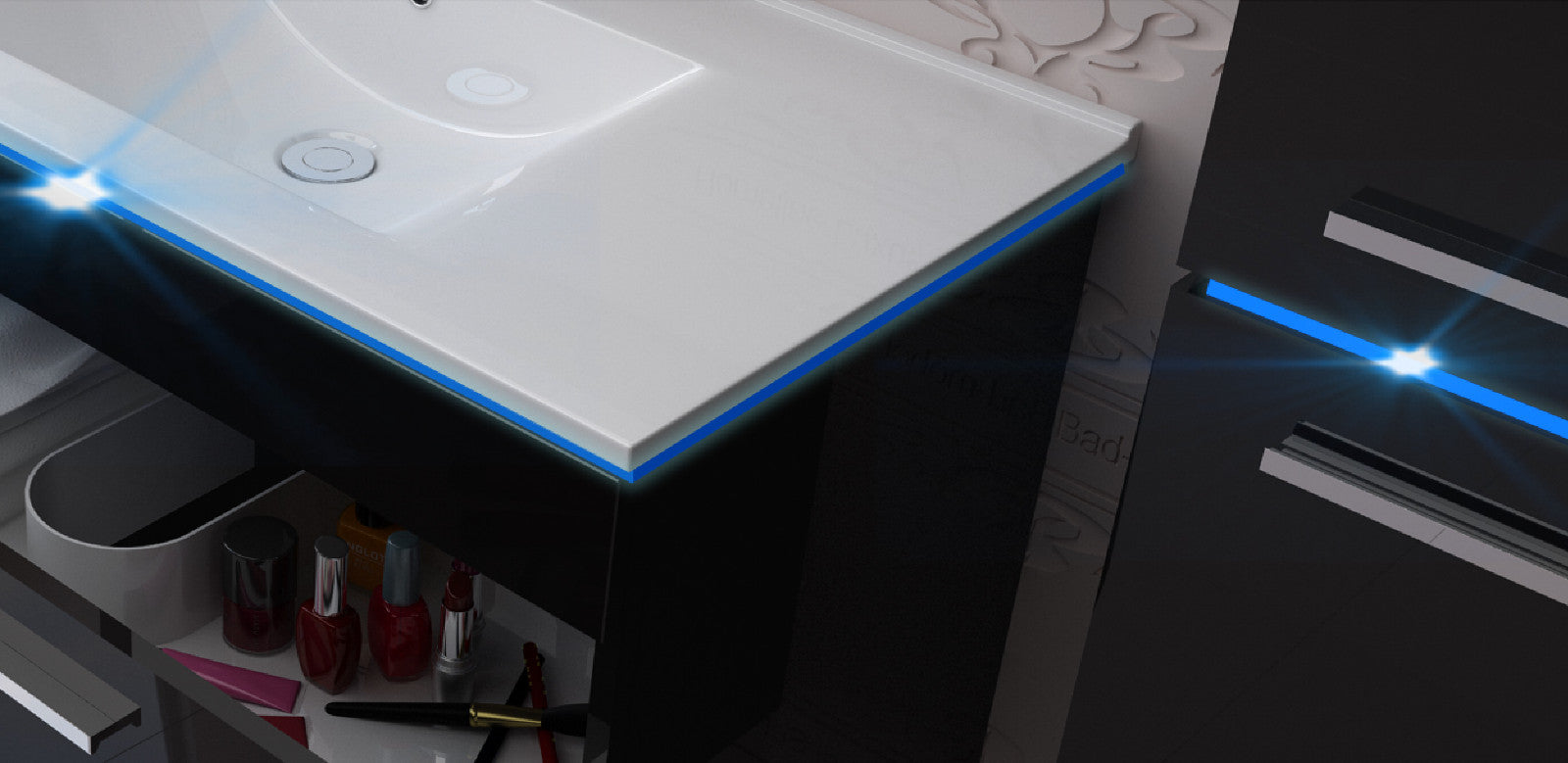 Badmöbel Set montiert Weiss oder Schwarz Hochglanz Badezimmermöbel 90 cm Led Sym