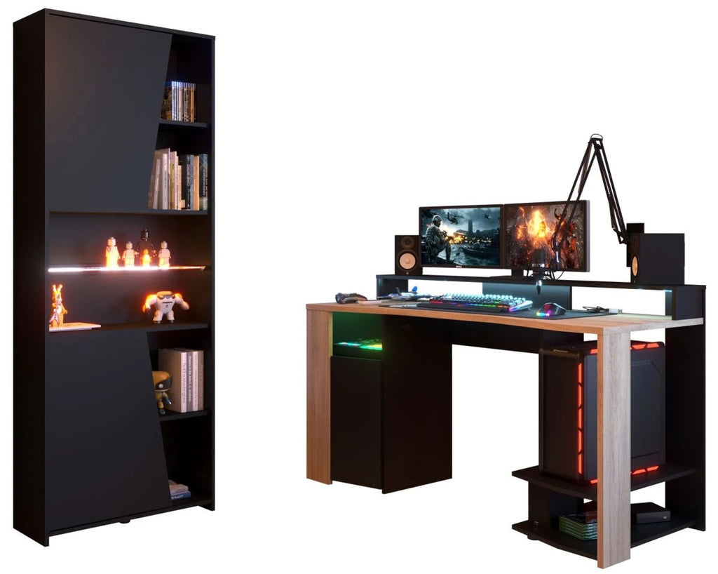 aming Set"Meta"in schwarz und Eiche Gamingtisch und Schrank inkl.LED Farbwechsel