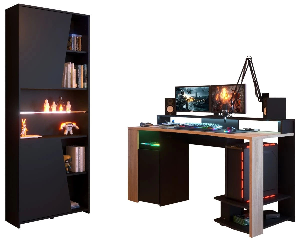 aming Set"Meta"in schwarz und Eiche Gamingtisch und Schrank inkl.LED Farbwechsel