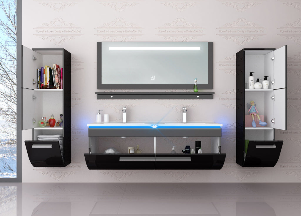 Badmöbel set hochglanz Schwarz Doppelwaschtisch montiert Touch Led System 120 cm