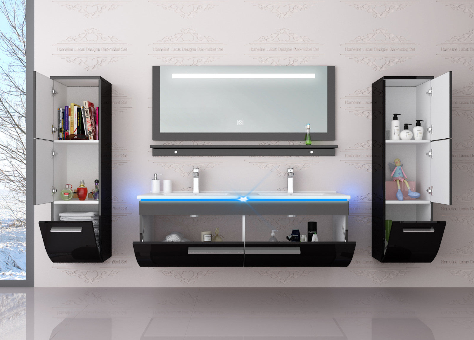 Badmöbel set hochglanz Schwarz Doppelwaschtisch montiert Touch Led System 120 cm
