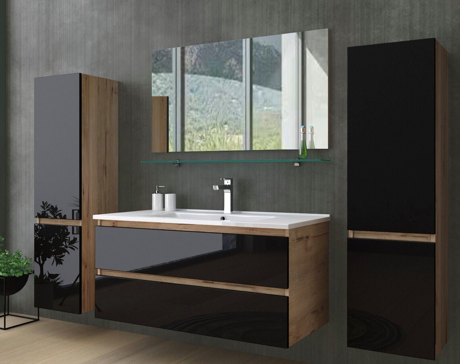 Badmöbel Set Weiß / Beige Marmor Optik Glänzend Badezimmermöbel 90 cm bis 6 Tlg