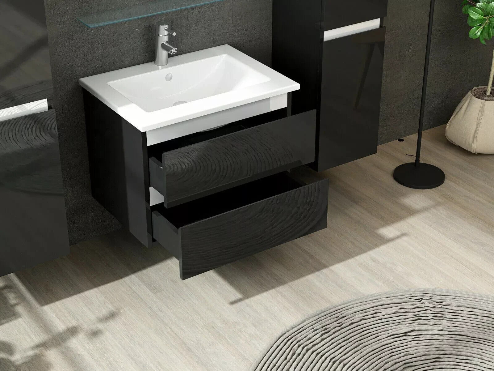 Badmöbel set Hochglanz 6 Tlg Schwarz Soft Close Badezimmer Möbel badmöbel 60 cm
