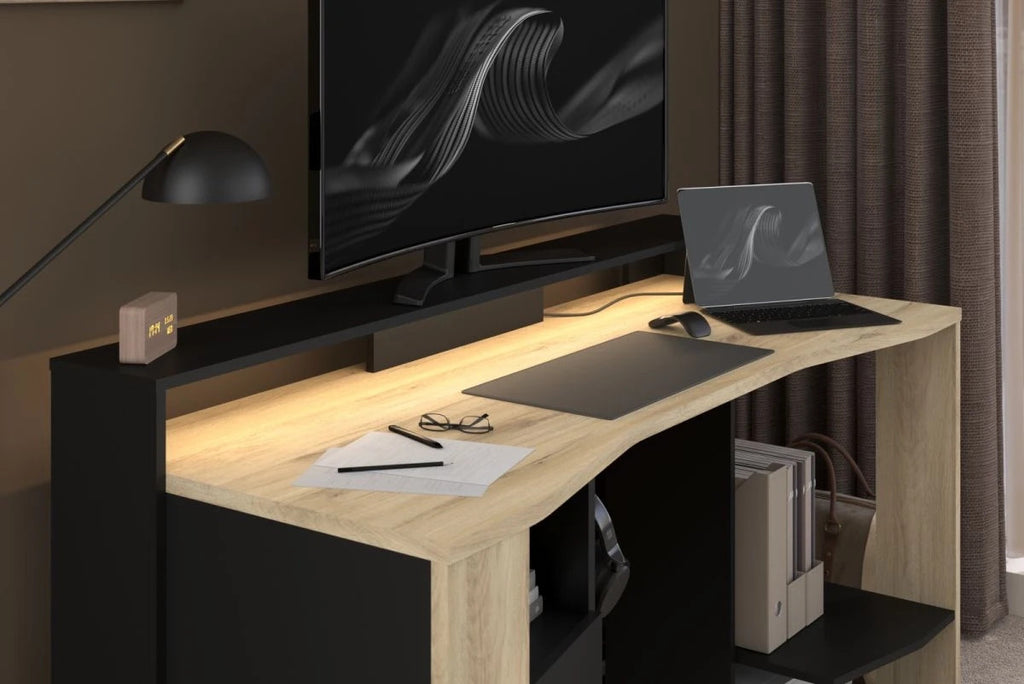 aming Set"Meta"in schwarz und Eiche Gamingtisch und Schrank inkl.LED Farbwechsel