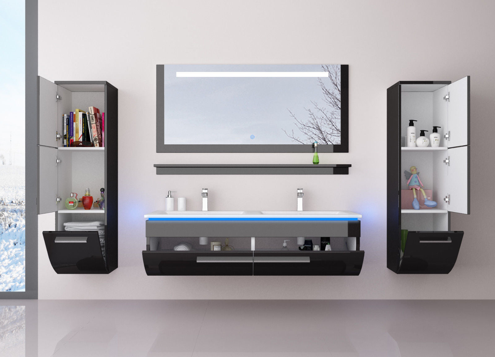 Schwarz Doppelwaschtisch 240 cm Hochglanz Doppel Waschbecken Badmöbel Set Led SY