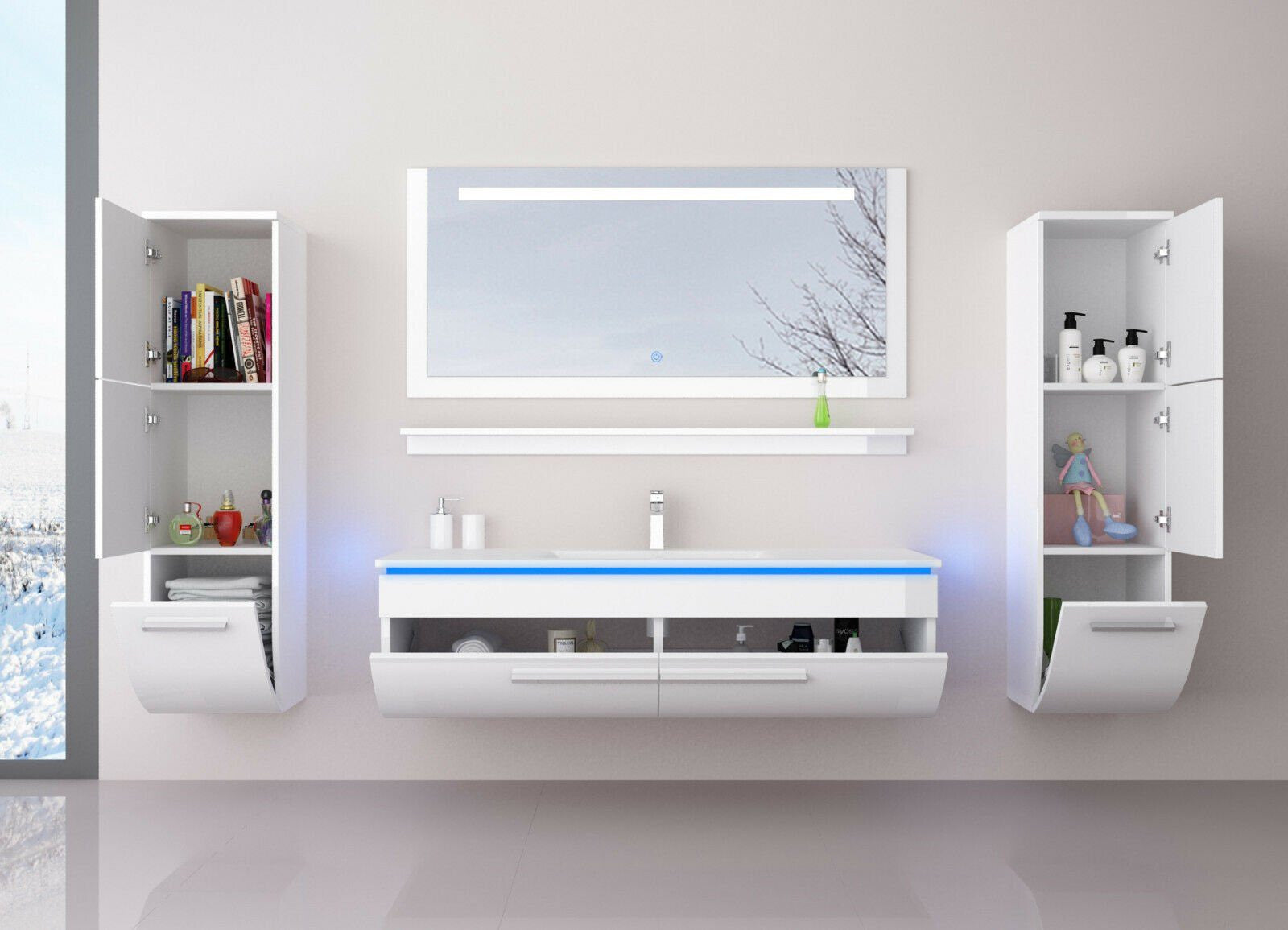 Badmöbel Set Weiß Hochglanz badmöbel Badezimmermöbel 120 cm Bad Led Tocuh  6 Tlg