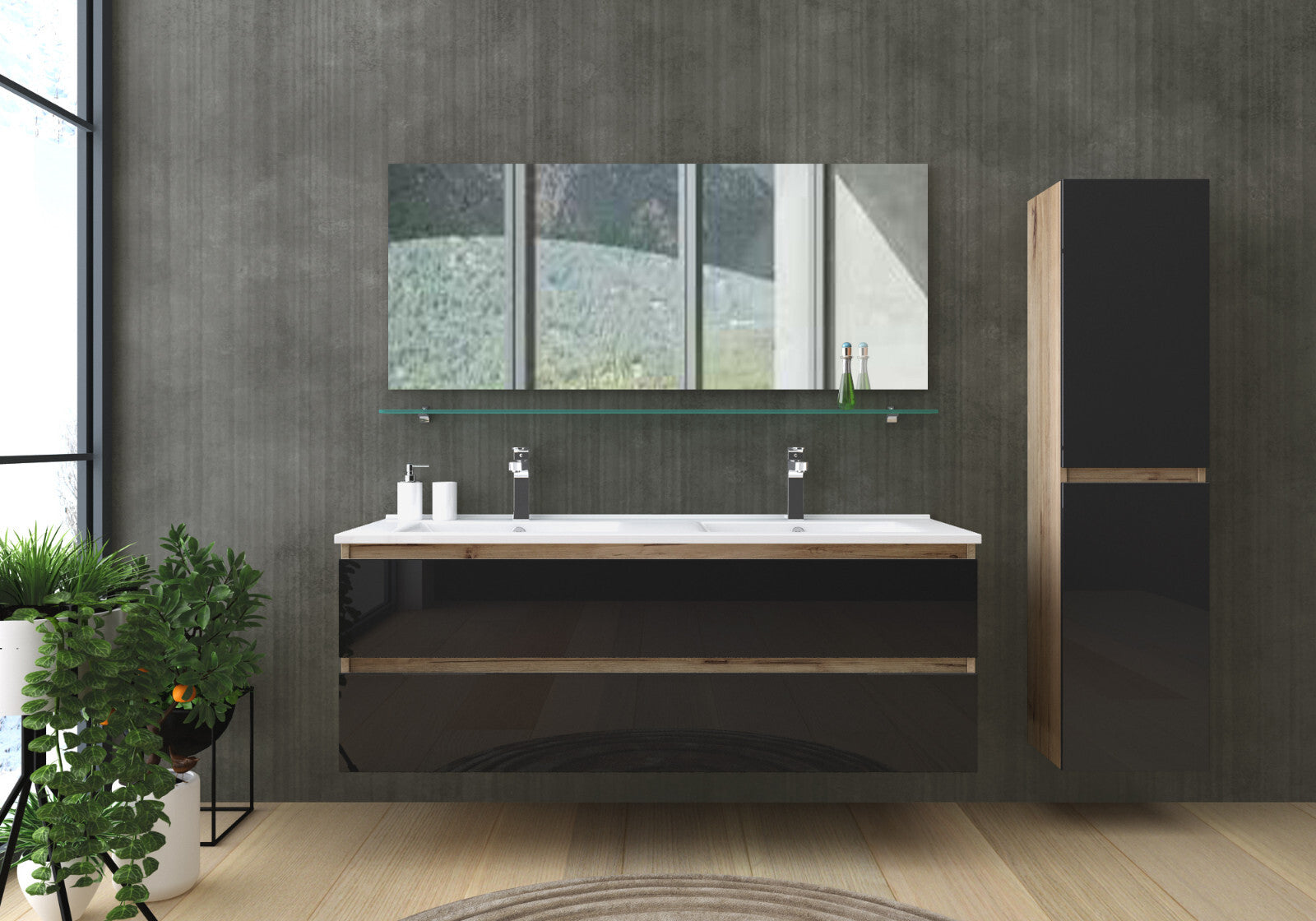 Doppelwaschtisch Schwarz  / Eiche Hochglanz  Doppel Waschbecken Badmöbel Set 120