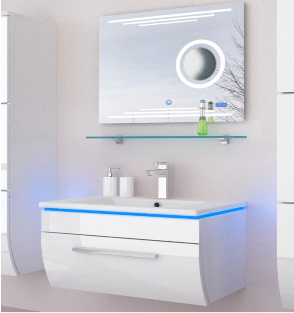 Badmöbel Set Badezimmerset Badmöbel weiß schwarz Hochglanz montiert LED Kosmetik