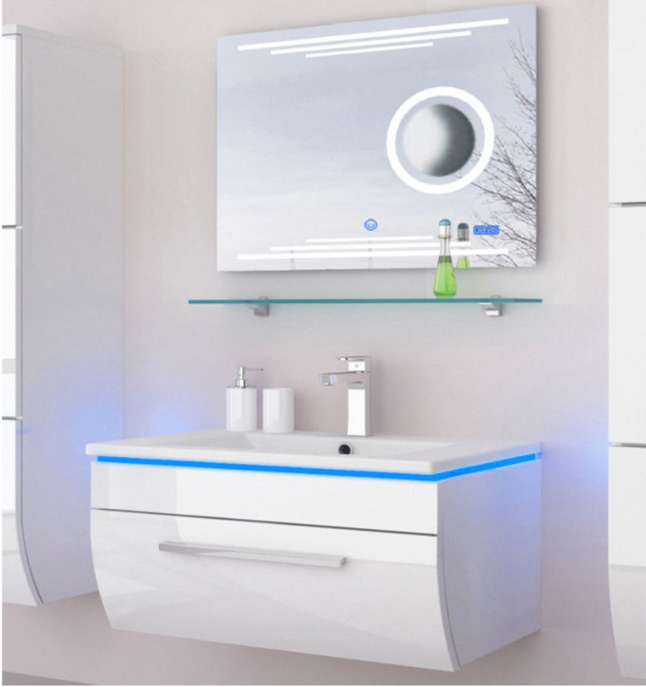 Badmöbel Set Badezimmerset Badmöbel weiß schwarz Hochglanz montiert LED Kosmetik