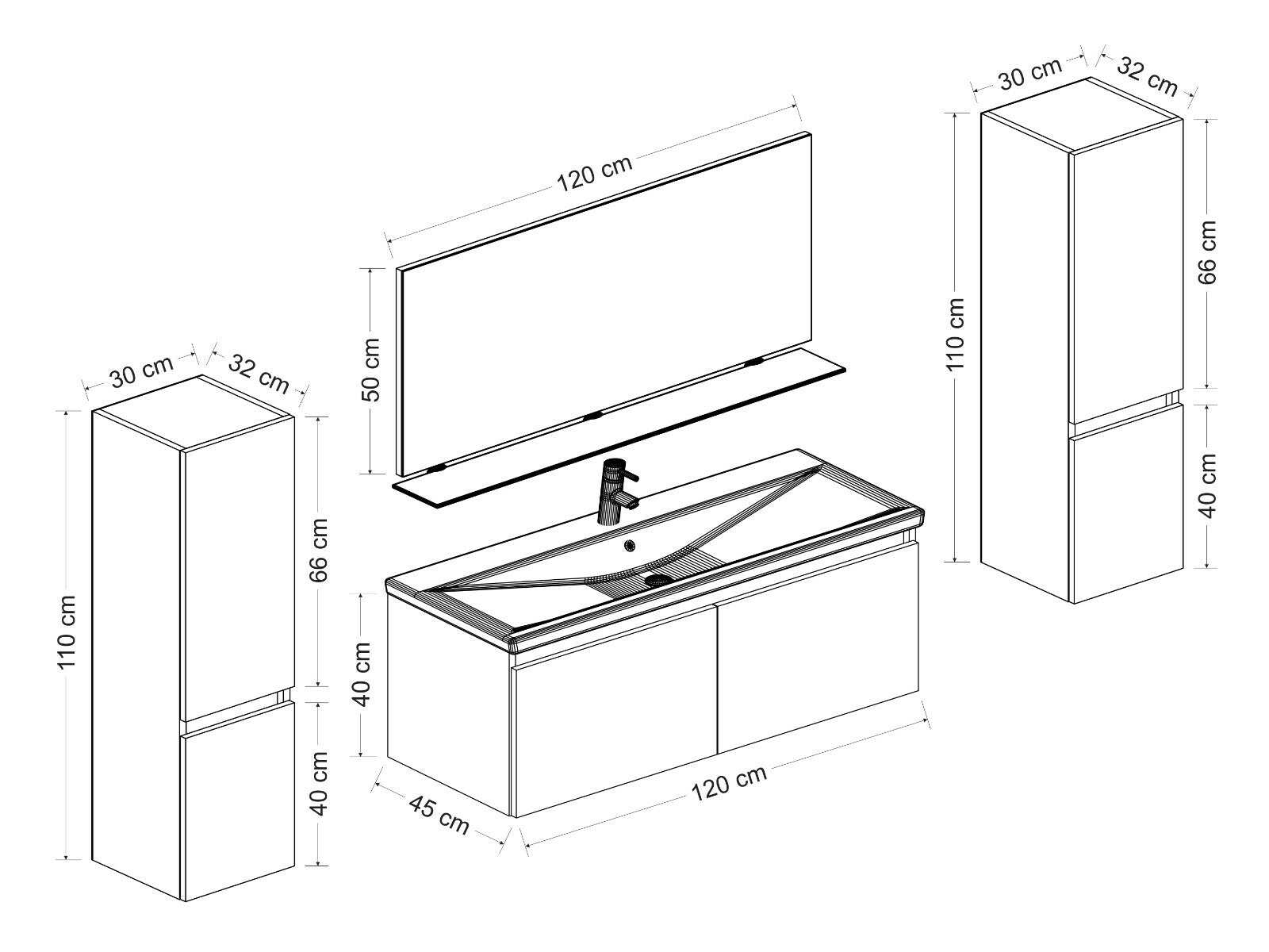 120 cm Badmöbel Set Eiche / Schwarz  Weiß Hochglanz LED Badezimmermöbel Komplett