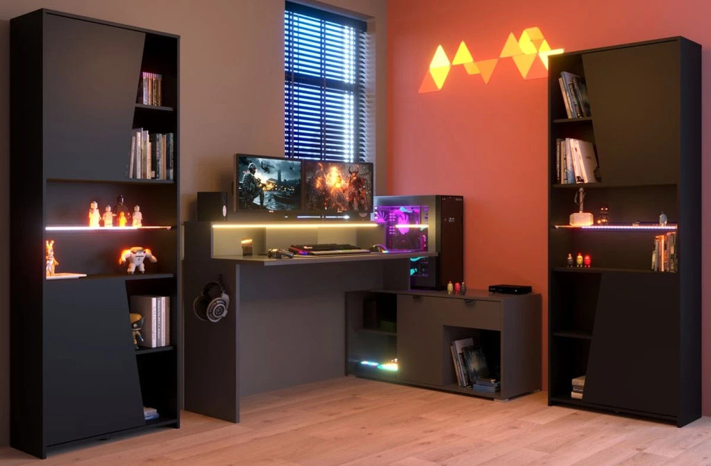 Gaming Set"Work"in schwarz und grau Gamingtisch und Schrank inkl.LED Farbwechsel