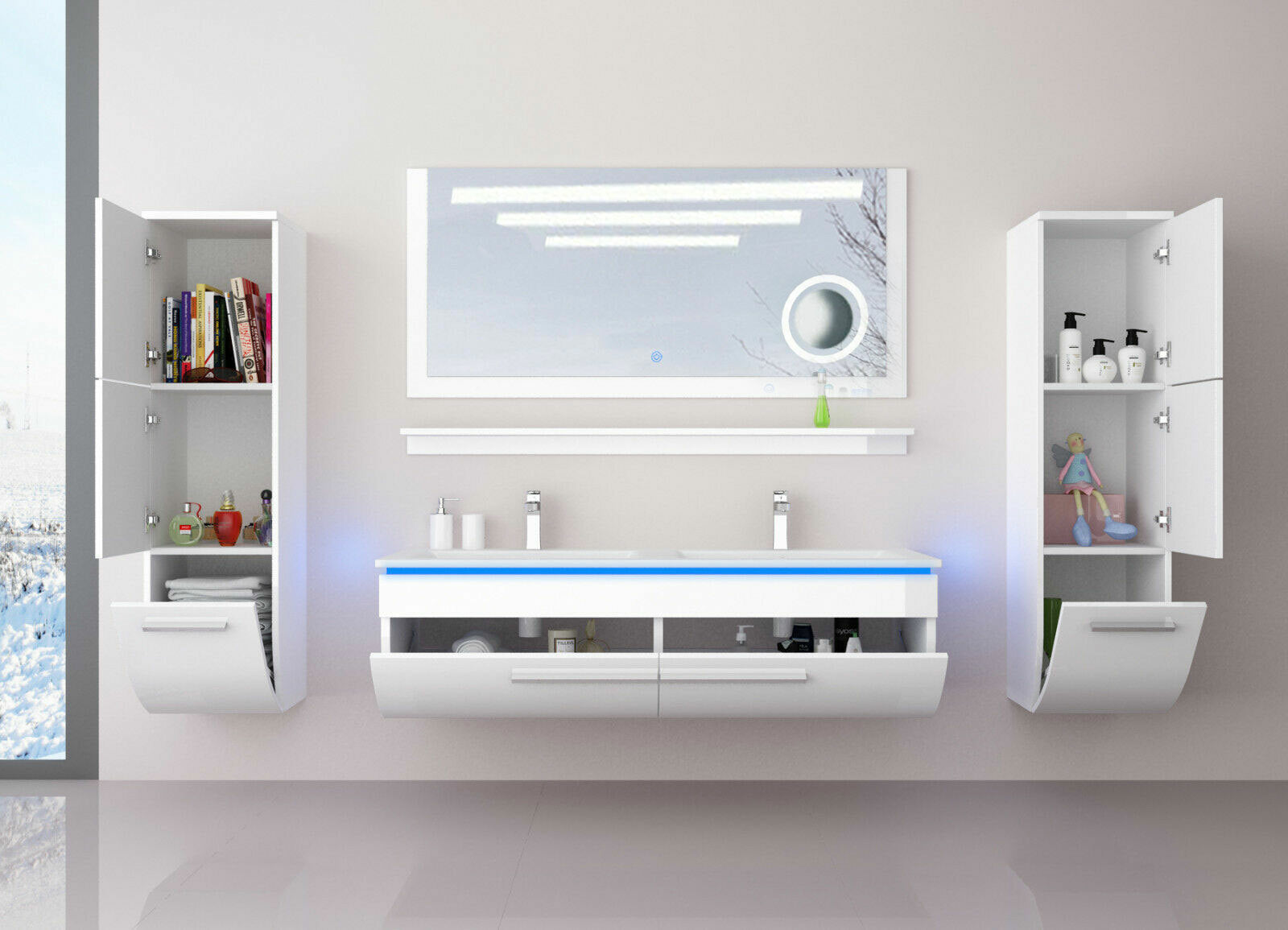 Doppelwaschtisch Badmöbel Set schwarz oder weiss hochglanz Kosmetik 180cm LEDUhr