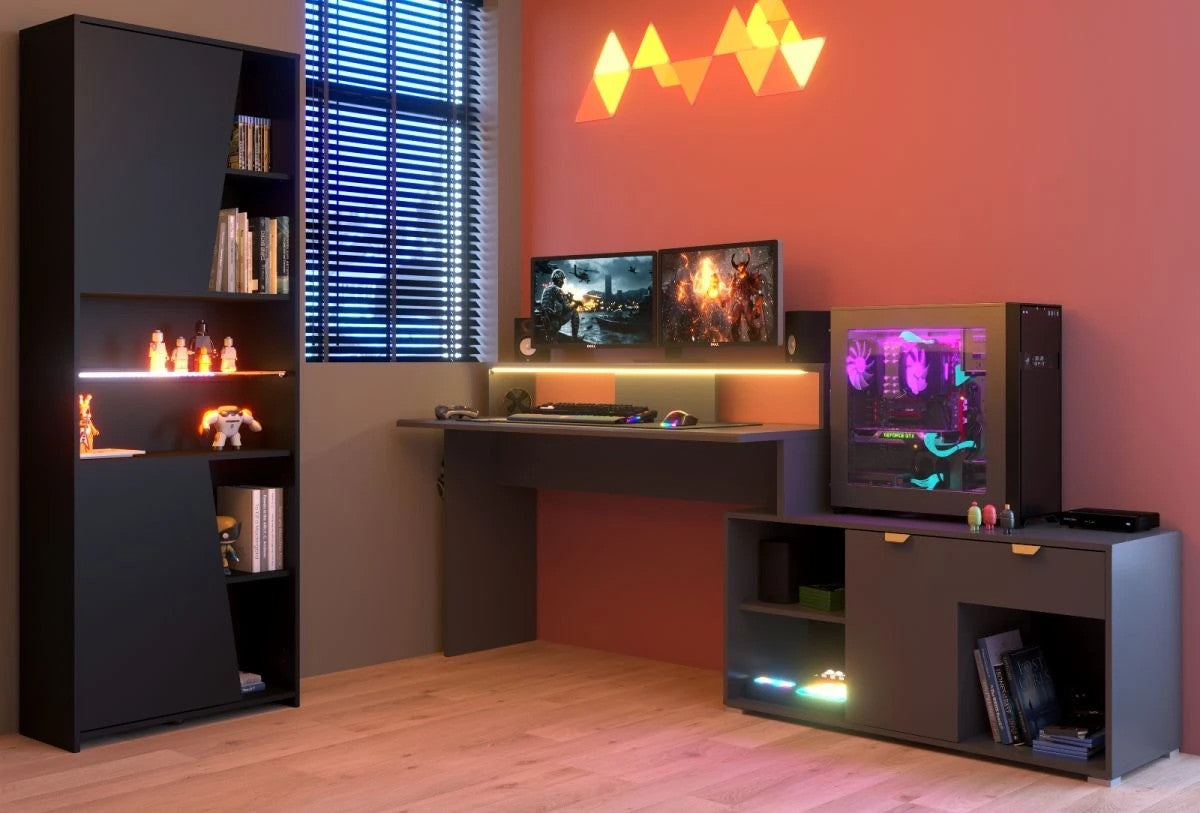 Gaming Set"Work"in schwarz und grau Gamingtisch und Schrank inkl.LED Farbwechsel
