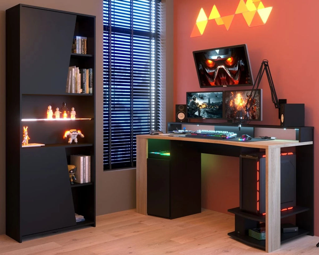 aming Set"Meta"in schwarz und Eiche Gamingtisch und Schrank inkl.LED Farbwechsel
