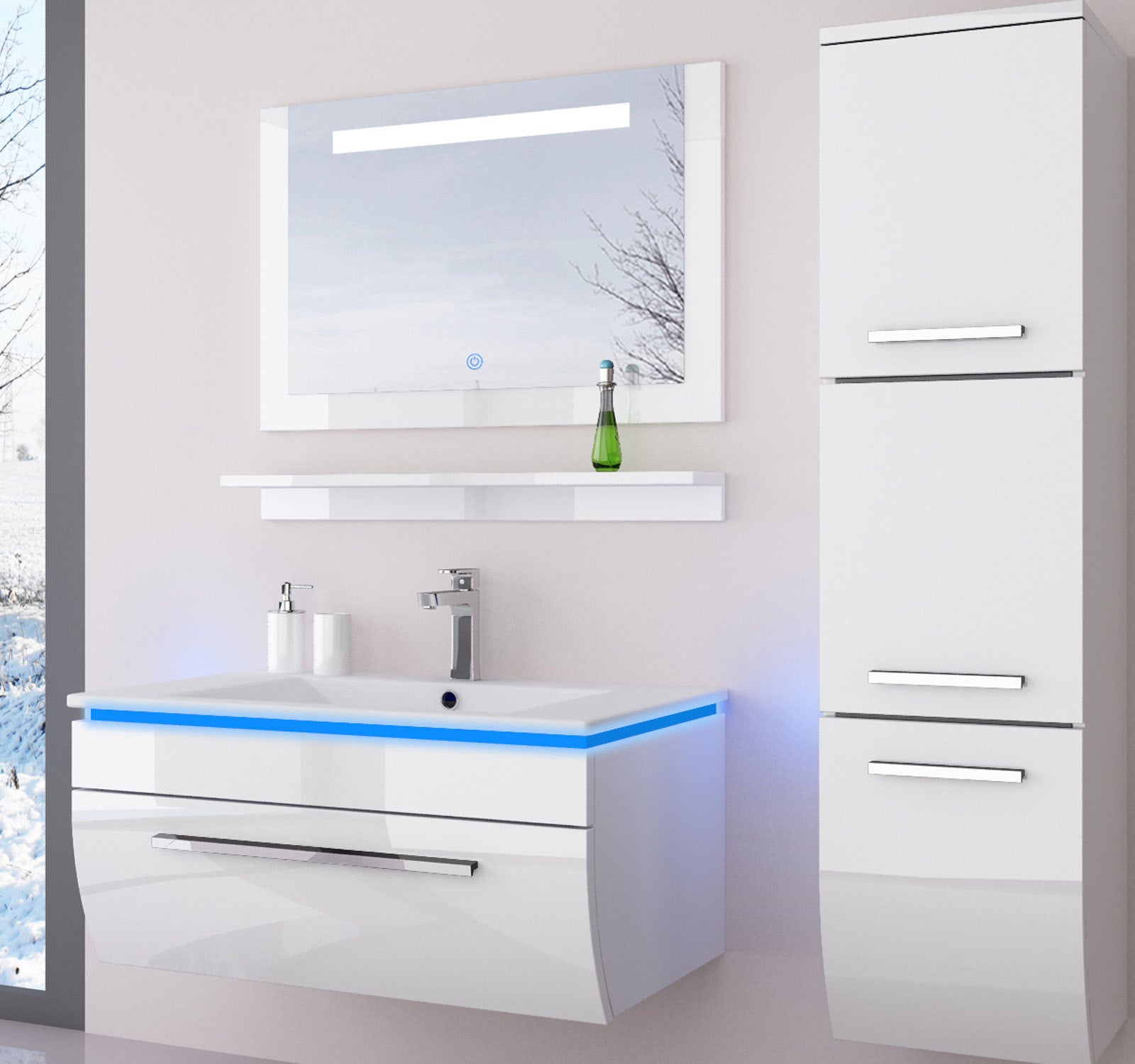 5 Teilig Badmöbel Set 60 Schwarz Weiss Led Hochglanz Badezimmermöbel LED System