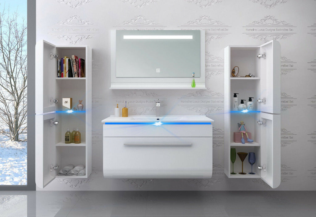 Badmöbel Set montiert Weiss oder Schwarz Hochglanz Badezimmermöbel 90 cm Led Sym