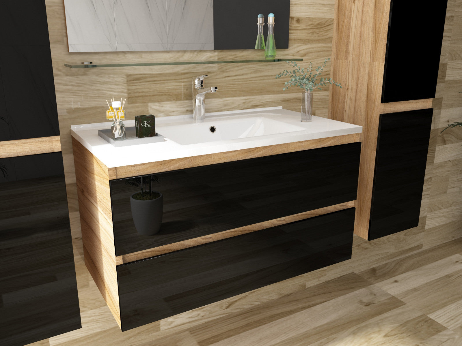 Badmöbel Set Eiche / Schwarz Hochglanz Soft Closingssystem 60cm Badezimmer Möbel