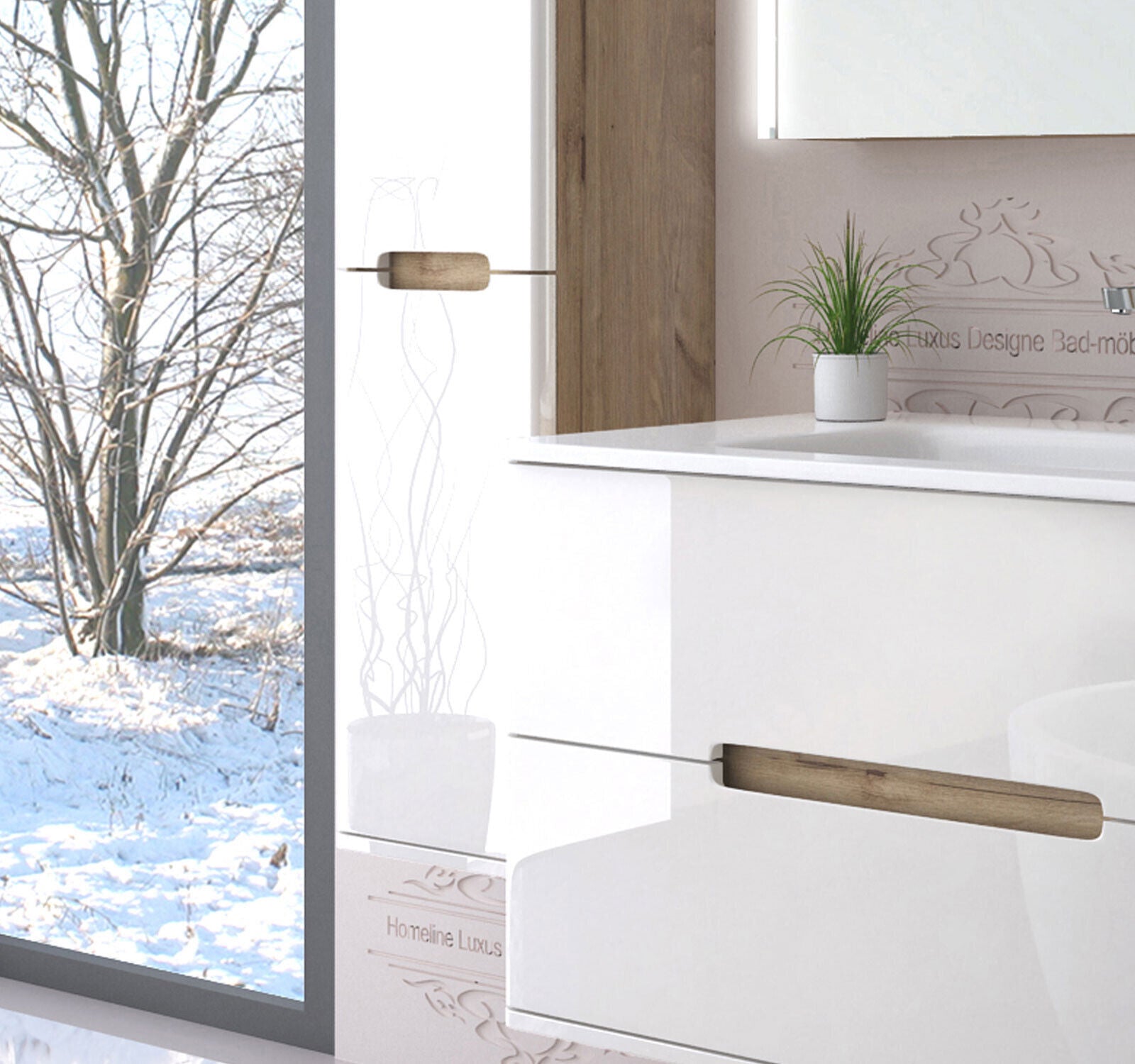 Badmöbel set mit waschbecken und spiegelschrank Hochglanz mit Keramik Becken Bad