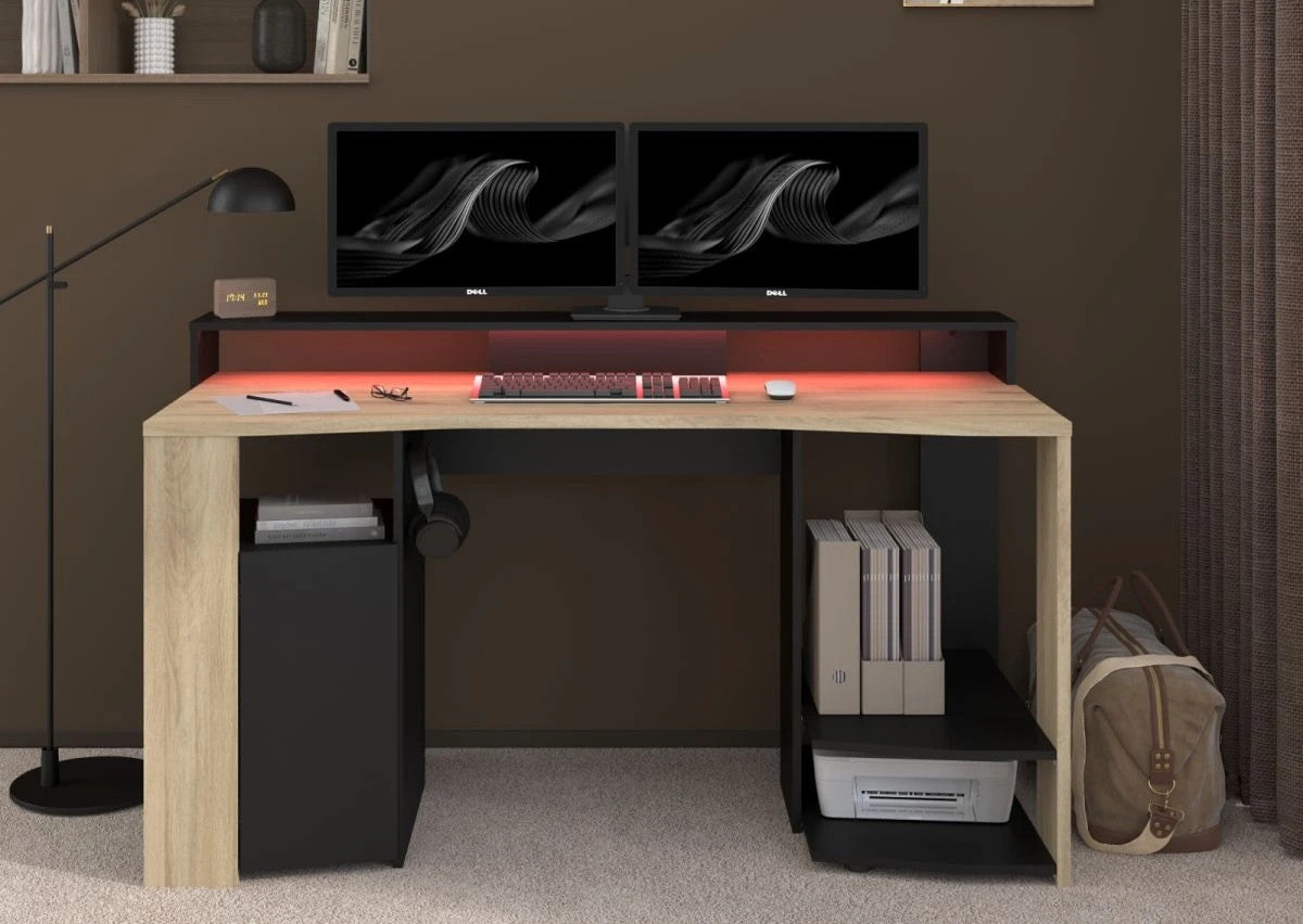Gamingtisch"Meta"in Eiche und schwarz Gamer Schreibtisch inkl.LED  Farbwechsel