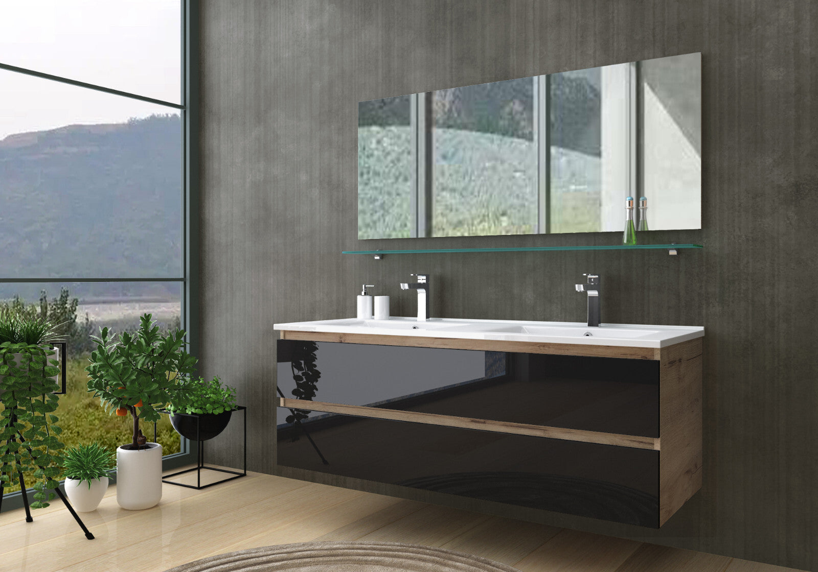 Doppelwaschtisch Schwarz  / Eiche Hochglanz  Doppel Waschbecken Badmöbel Set 120