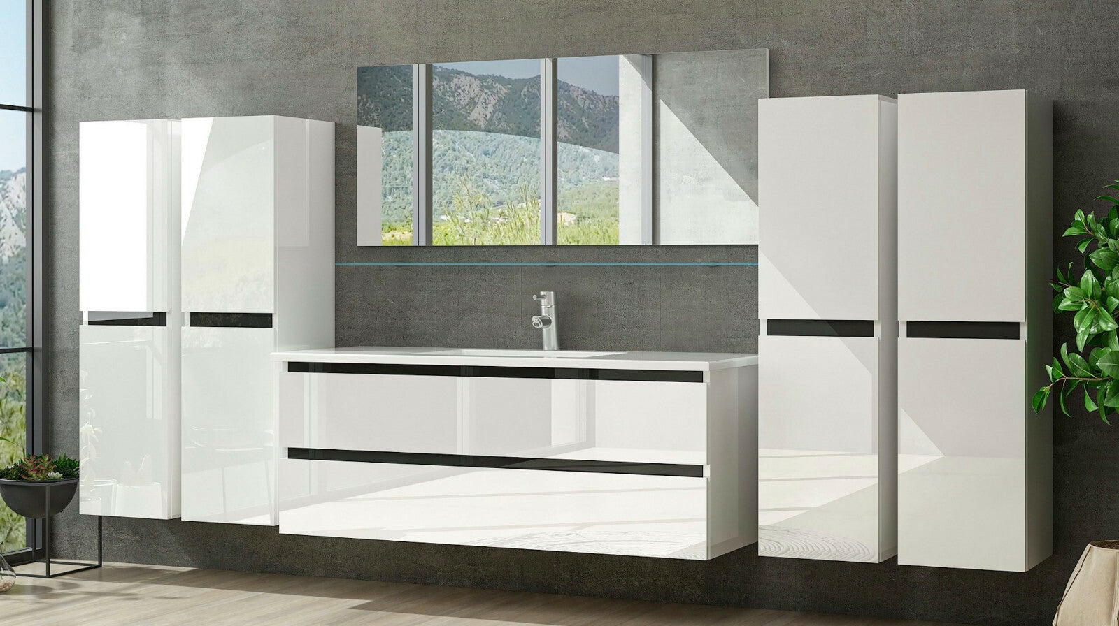 Badmöbel Set Design Weiss Hochglanz Badezimmermöbel 120 cm bis 8tlg Bad Möbel