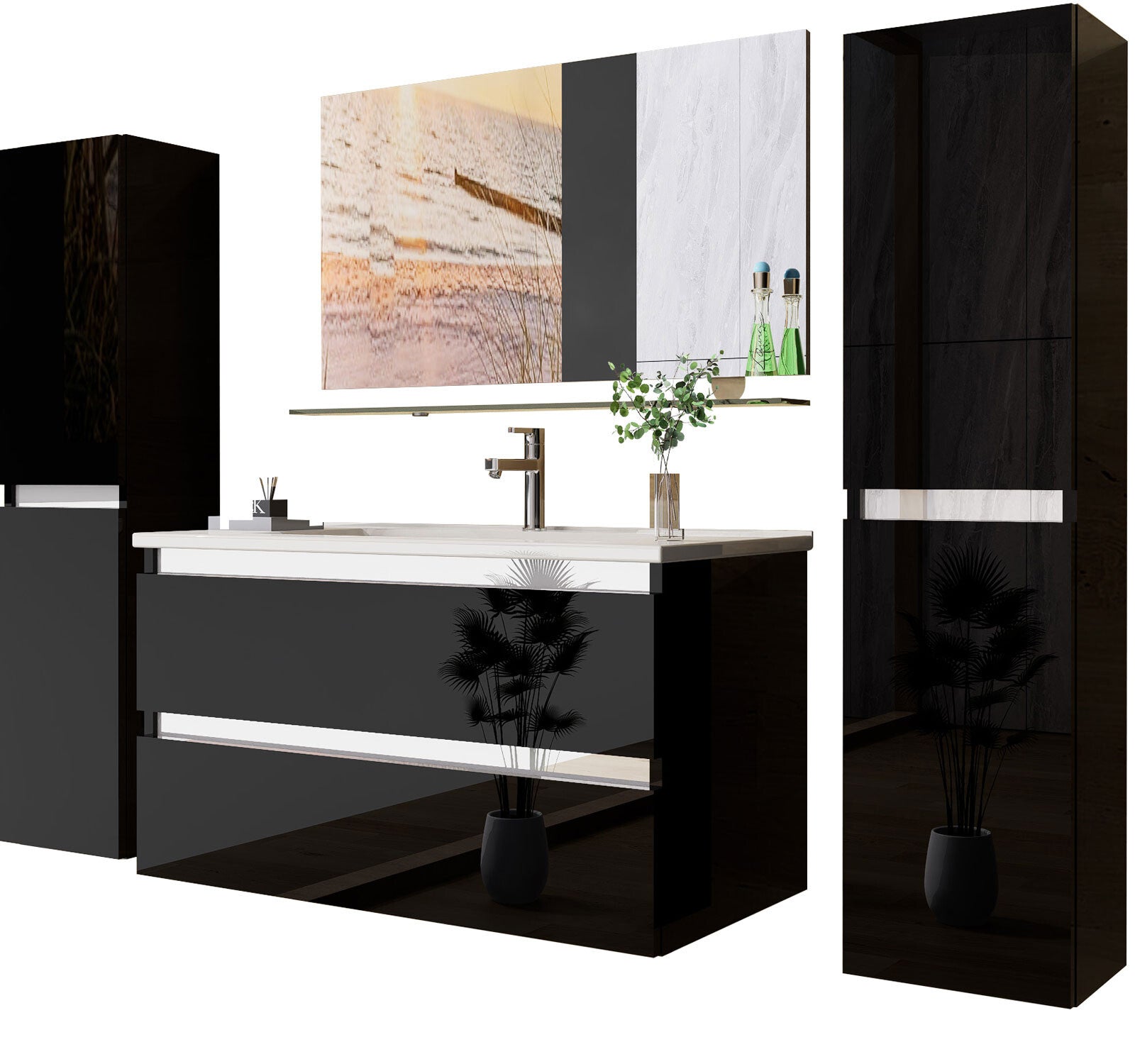 Badmöbel set Hochglanz 6 Tlg Schwarz Soft Close Badezimmer Möbel badmöbel 60 cm