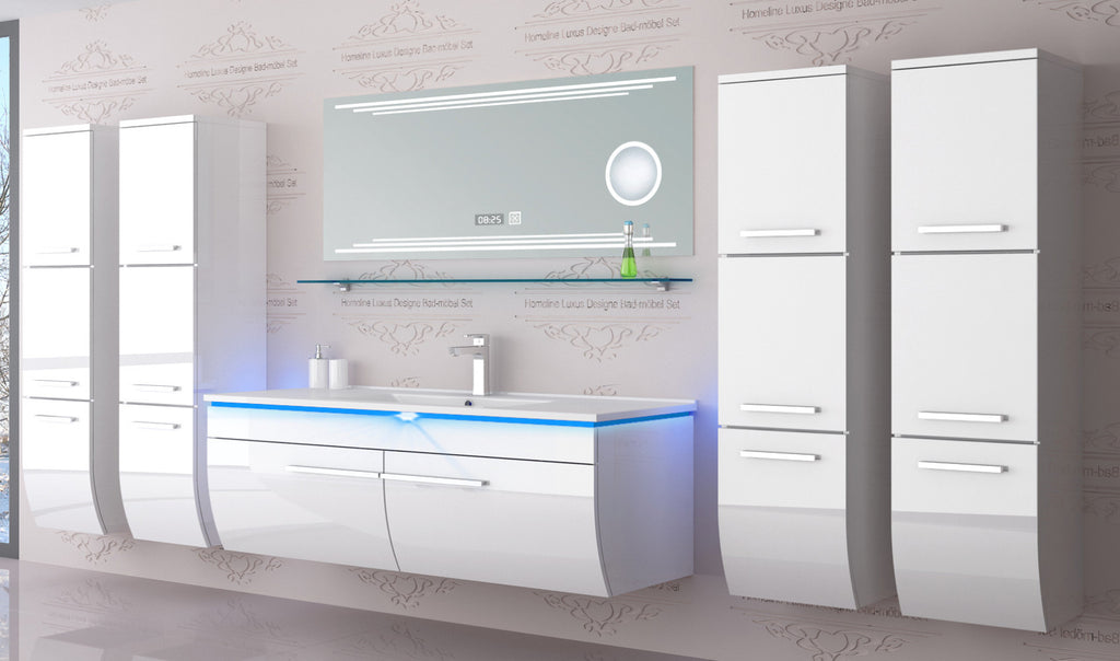 Badmöbel Set Badezimmer schränke Waschbecken Spiegel Weiß LED  Badmöbel Set 120
