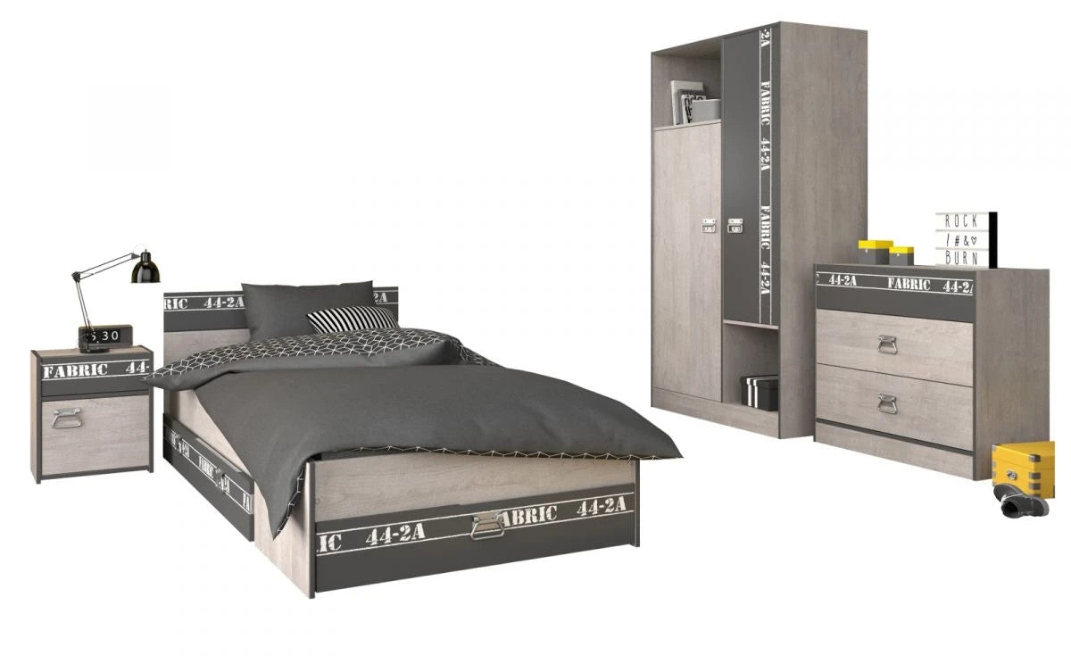 "Fabric1"in Esche grau mit Stauraumbett, Kleiderschrank, Kommode und Nachttisch