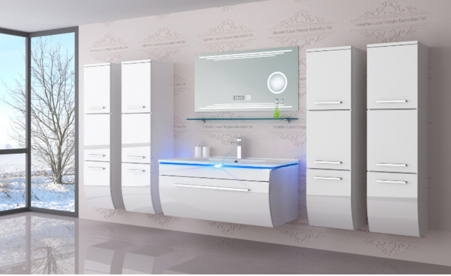 Badmöbel Set Badezimmer schränke Waschbecken Spiegel Weiß LED  Badmöbel Set 90
