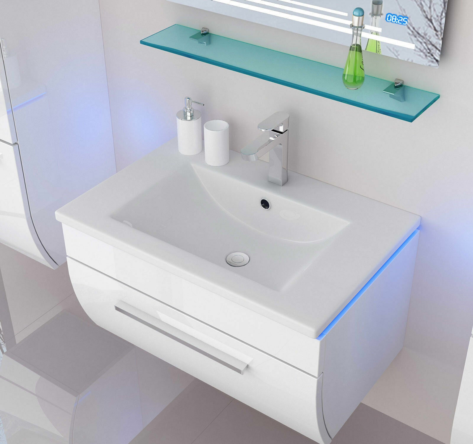 Badmöbel Set schwarz oder weiss hochglanz Kosmetik Badezimmermöbel 120cm LED Uhr