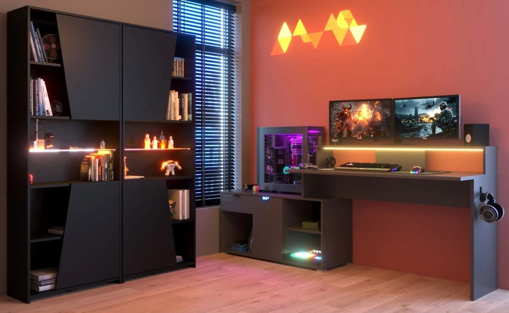 Gaming Set"Work"in schwarz und grau Gamingtisch und Schrank inkl.LED Farbwechsel