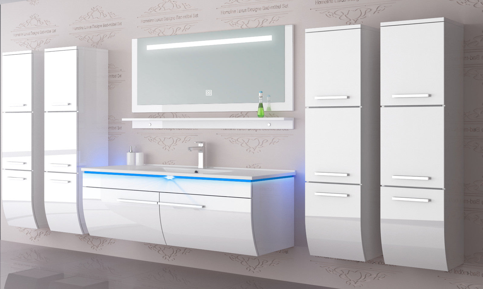 Badmöbel Set Weiss 240 cm Hochglanz Waschbecken Spiegel Komplett Bad Led System.