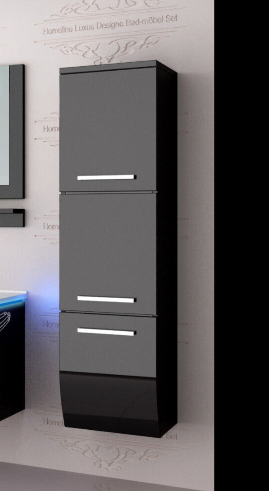 1x Seitenschrank Hochschrank Badmöbel Glanz Badschrank Schwarz  110 cm