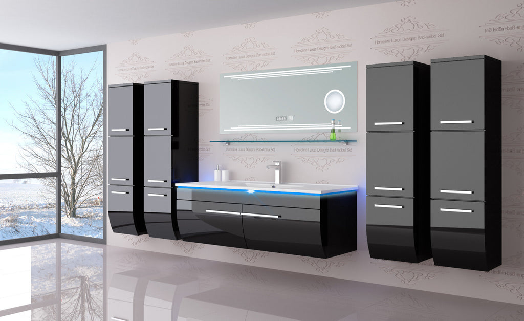 Badmöbel Set Badezimmer schränke Waschbecken Spiegel Schwarz  Badmöbel Set 120