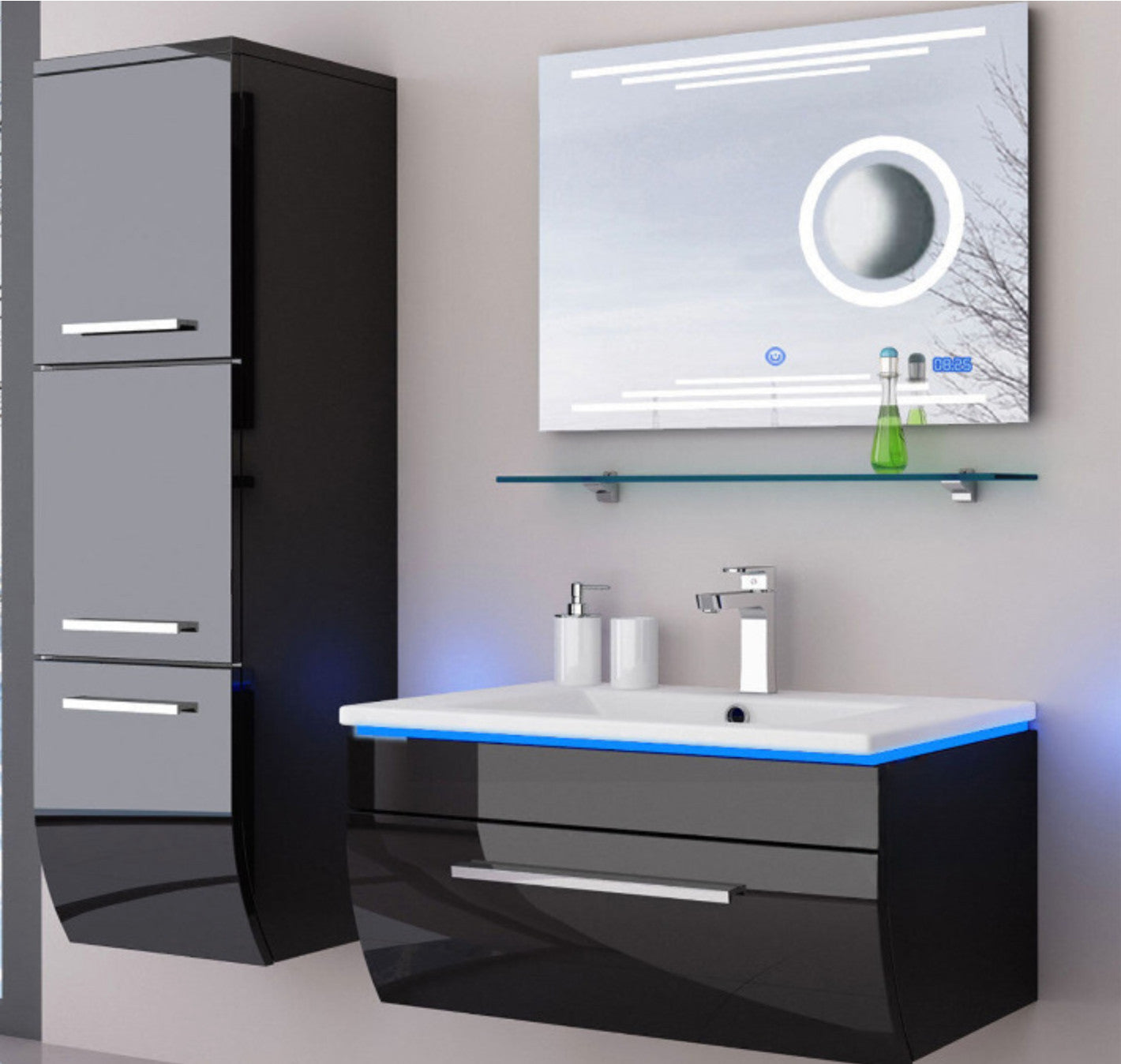 Badmöbel Set Badezimmerset Badmöbel weiß schwarz Hochglanz montiert LED Kosmetik