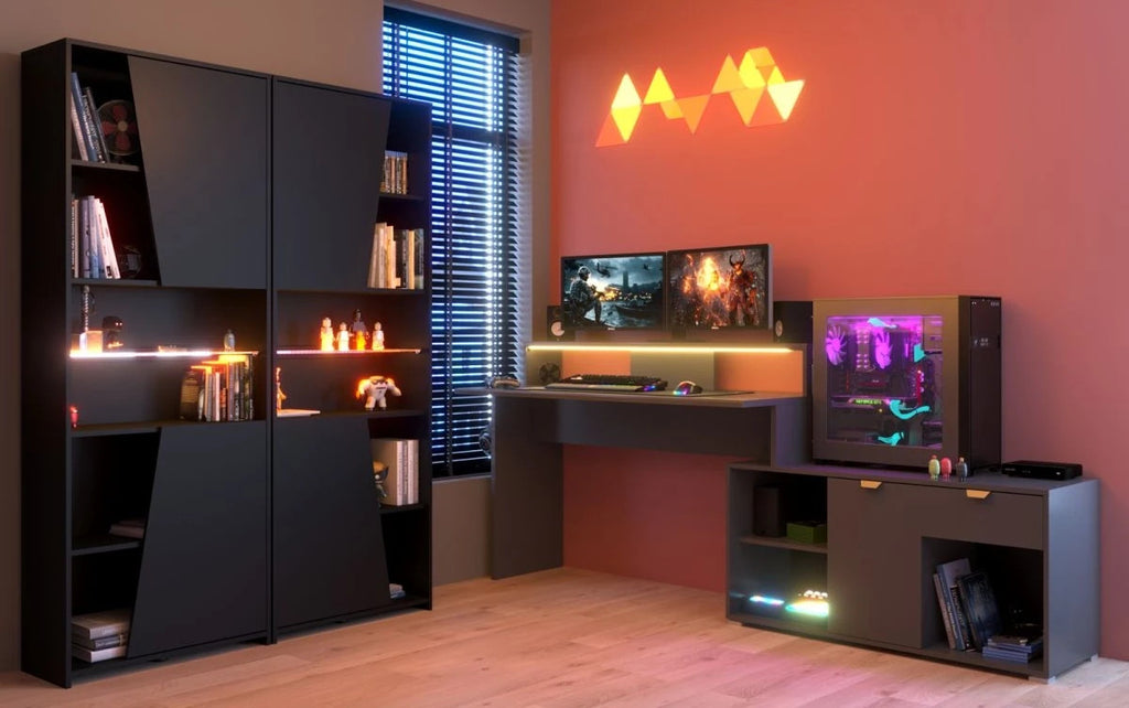 Gaming Set"Work"in schwarz und grau Gamingtisch und Schrank inkl.LED Farbwechsel