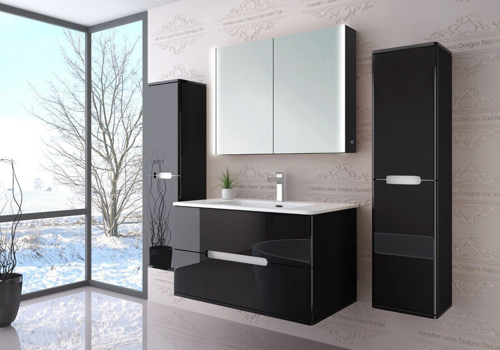 Badmöbel set mit waschbecken und spiegelschrank Hochglanz mit Keramik Becken 90
