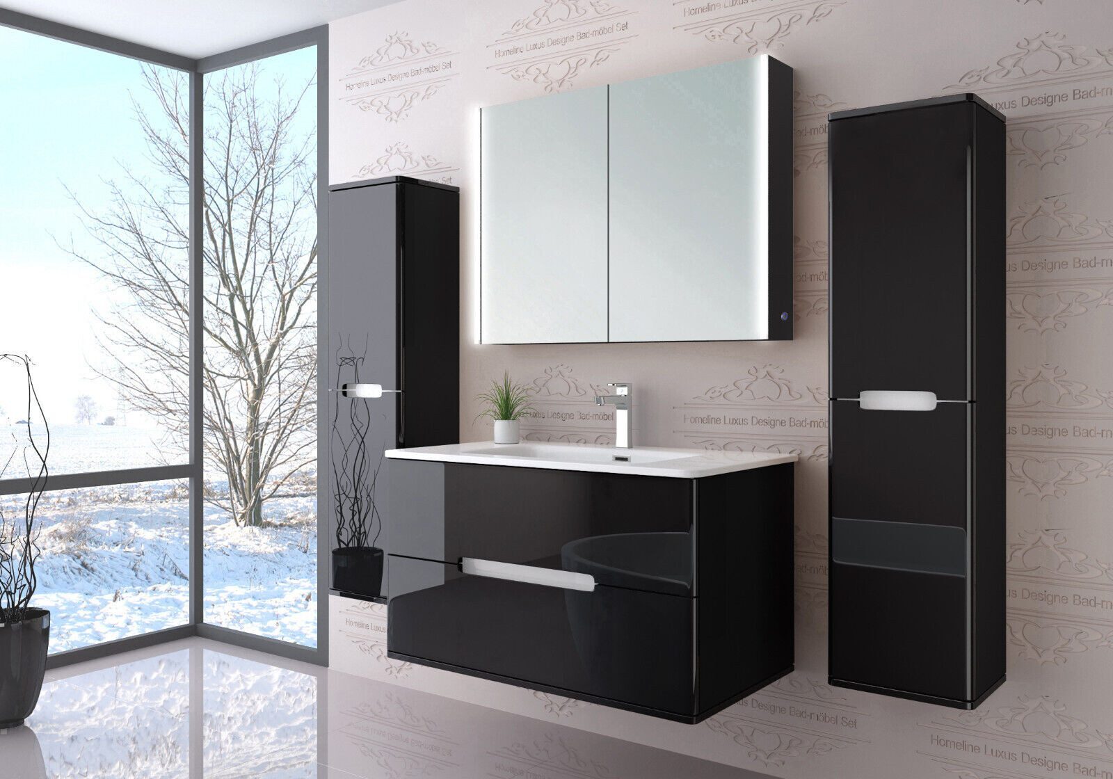 Badmöbel set mit waschbecken und spiegelschrank Hochglanz mit Keramik Becken 90